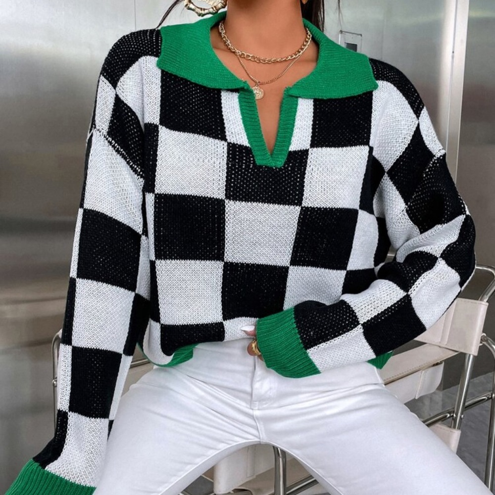 Checkered Pattern Contrast Collared Drop Shoulder… - image 1